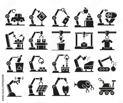 different types of manufacturing robotic arm icons set