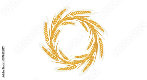 Golden Wheat Wreath Circle Frame Border Isolated on White Background, Harvest Concept