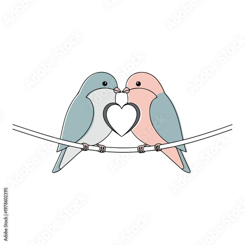 Love birds on branch with heart symbol between them love concept