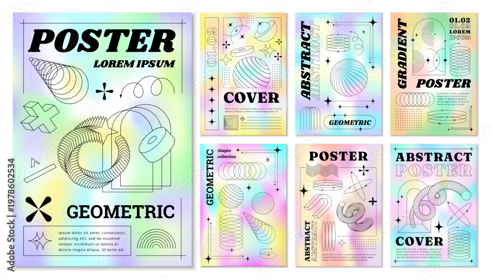Fototapeta premium Retro hologram posters. Abstract geometric cover. Gradient cover. Minimal line shapes and figures. Flyer graphic minimal aesthetic 90s y2k design. Brochure template. Vector holographic illustration