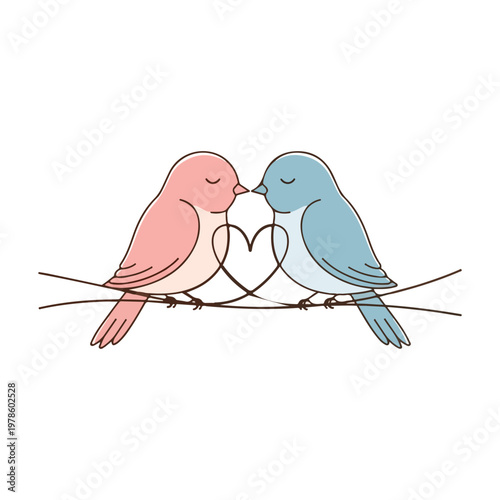 Love birds on branch with heart symbol between them love concept
