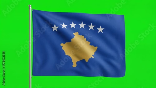 Waving Kosovo National Flag on Green Screen Background