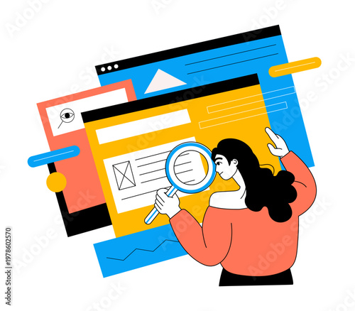 Search job online. User reviews website screen. Modern interface analysis, search and content auditing web page, icons with magnifier glass. Website interface. Vector cartoon flat style illustration