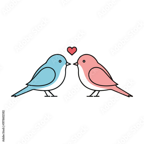 Love birds on branch with heart symbol between them love concept