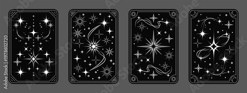 Magic frame with stars set. Occult celestial. Black backgrounds. Mystic spiritual space, bohemian cover design. Esoteric tarot card. Astrology and witchcraft posters. Vector isolated illustration