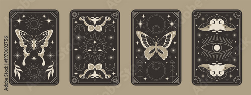 Mystic tarot cards set. Decorative occult posters with moths, butterflies. Celestial sun, moon face, and stars. Tarot cover design. Astrology emblem. Vector sketch style monochrome illustration set