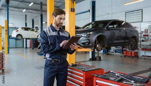 Mechanic uses tablet to manage vehicle repairs in modern auto shop filled with tools and vehicles. atmosphere is efficient and organized