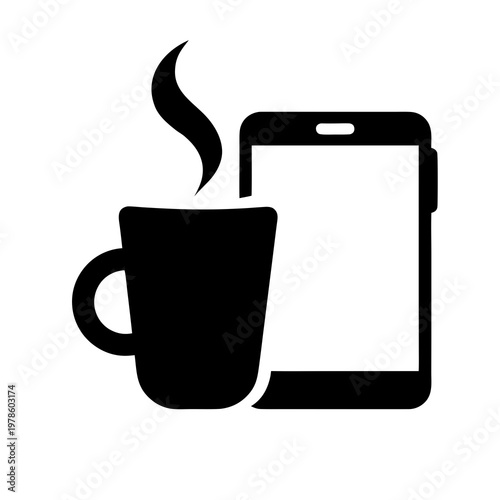 Silhouette of a coffee mug next to a tablet.