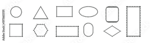 Set of blank frames of postage stamps. a retro post stamp icon set. Empty postal shapes border, and a collection of paper postmarks, suitable for mailing letters.
