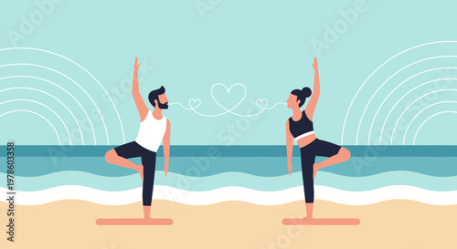 Couple Doing Yoga on Beach, Connection, Health, Love, Summer Vacation