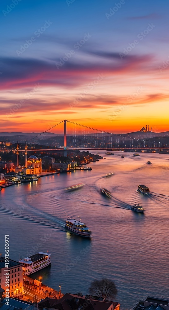 Naklejka premium Sunset over the Bosphorus Strait in Istanbul, Turkey.