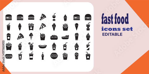 Diverse collection of fast food item icons presented in a comprehensive set for design purposes
