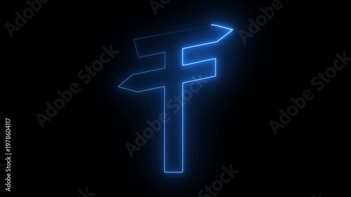 Glowing neon line realistic blank signboard on road for pointing direction on black background.. 4k animation motion graphics video..