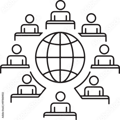 People gathered around a globe representing global collaboration and unity silhouette high quality