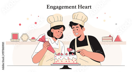 Couple Decorating Engagement Cake with Hearts, Baking Together
