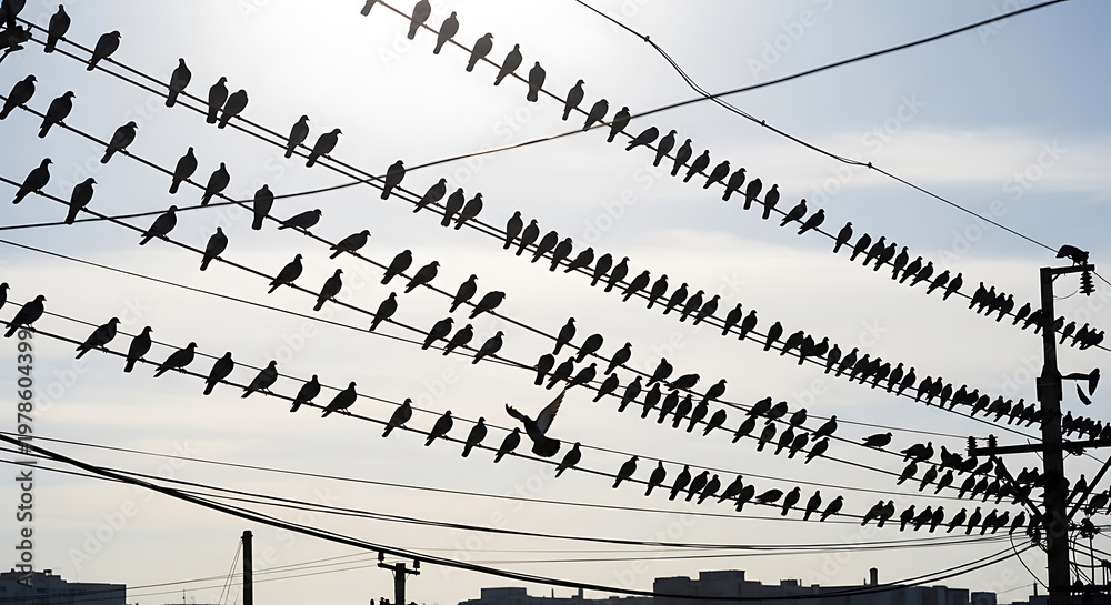Fototapeta premium Numerous birds perched on power lines against a pale sky on transparent background