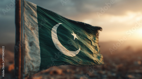 pakistani flag waving in the wind. flag of pakistan at sunset