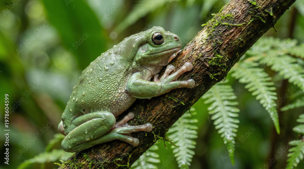 Obraz premium Green Tree Frog Clinging to Mossy Branch in Lush Rainforest Environment
