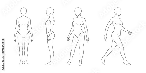 Female Body Figure Templates 4 Poses Line Art Vector  Front, Side, 3 4 and Walking Pose
