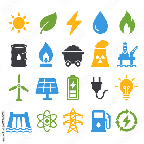 Power Energy Icons Set. Flat Color Vector Illustration. flat design, renewable energy, solar power, wind energy, hydro power, nuclear energy, battery icon
