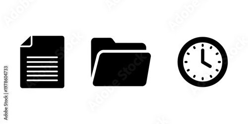 Productivity and File Management Solid Icons Set. Calendar, Clock, Checklist, Folder, File, Search UI Icons