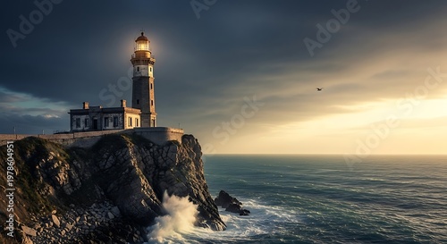 Majestic Lighthouse Perched Atop Rocky Cliffside.
