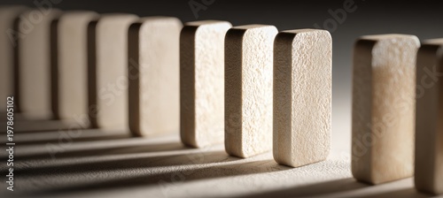 Perfectly Aligned Domino Blocks Upright in Symmetrical Formation Representing Controlled Balance and