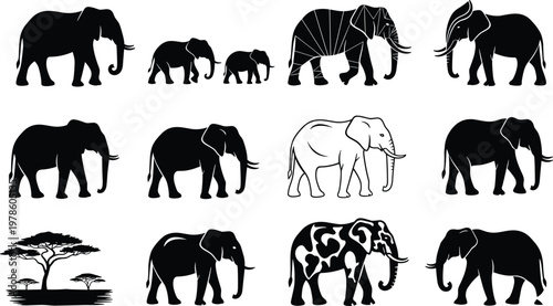 Elephant silhouettes icons, African savanna tree, wildlife illustration, animal patterns, calf and adult, geometric design, heart motifs, nature art