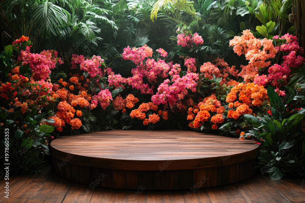 Fototapeta premium 3D Display Scene Surrounded by Exotic Flowers and Island Foliage