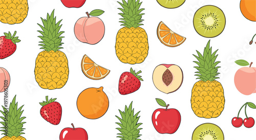 Organic fruit seamless pattern vector. Flat illustration of pineapple, peach, apple, strawberry, orange, and kiwi for healthy food and summer kitchen design.