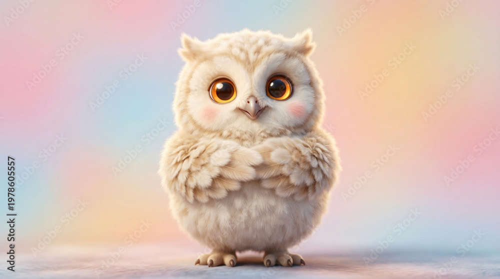 Obraz premium Cute owl stands on rainbow background
