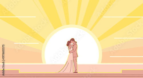 Couple Embracing at Sunrise Wedding, Romantic Love Illustration