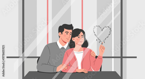 Couple Drawing Heart on Window Glass, Love and Togetherness Concept