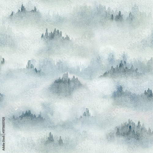 Misty Watercolor Mountain Landscape Seamless Pattern