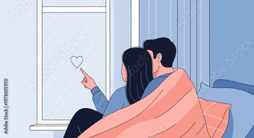 Couple Drawing Heart on Window, Romantic Love Illustration, Cozy Indoor Scene