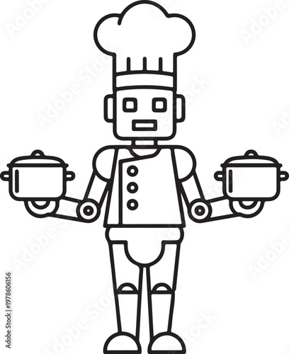 A robotic chef stands holding cooking pots a unique line art silhouette