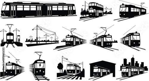 Tram silhouettes icons, streetcar transportation, urban transit design, cityscape background, railway tracks, electric rail vehicles, station platform illustration