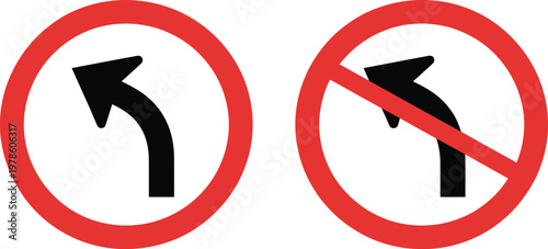 Left turn road sign set, allowed and forbidden traffic symbols for permitted and restricted turning directions, transportation safety icons, simple vector design.