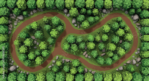 Top down forest racing track vector, winding dirt road through green trees and rocks, aerial view of woodland circuit for games