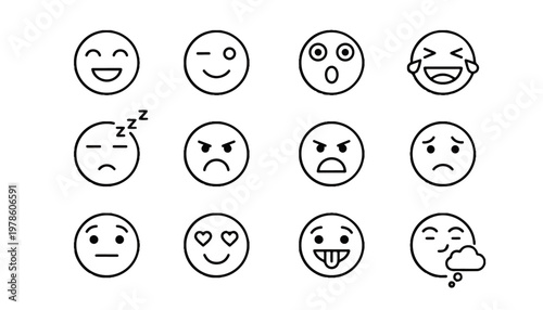 A comprehensive set of expressive line art emoji icons, depicting various human feelings and reactions such as happiness, surprise, and sadness, suitable for digital media and conveying sentiment