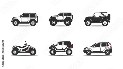 Jeep, Monster Truck, Dune Buggy, ATV, 4x4 SUV - Graphic Illustrations in Monochrome