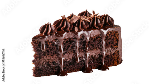 Foto Rich dark chocolate cake slice with fudge frosting and drizzles, isolated on tra