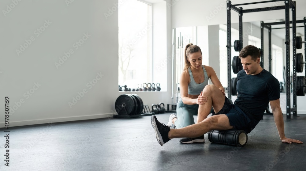 Obraz premium Sports Trainer Assisting Athlete with Foam Roller Self Massage