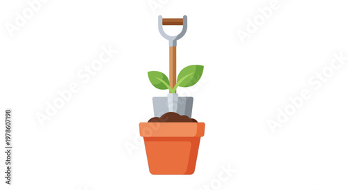 Small green plant in pot with shovel.