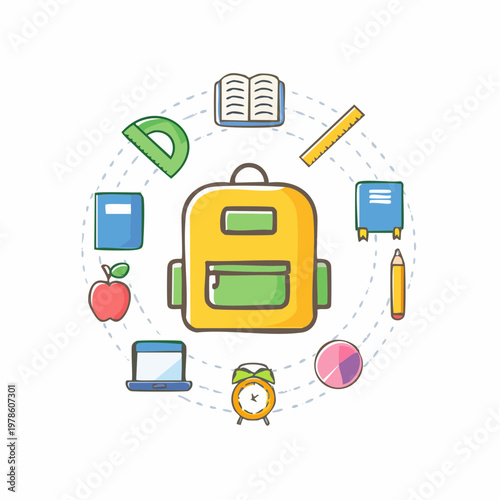 Cartoon school backpack surrounded by school supplies and elements