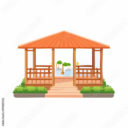 Cartoon wooden gazebo illustration with hedges and steps, sunny day scene, outdoor architecture