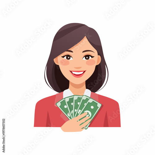 Smiling businesswoman holding cash, financial success and wealth concept. Happy female with money, earnings