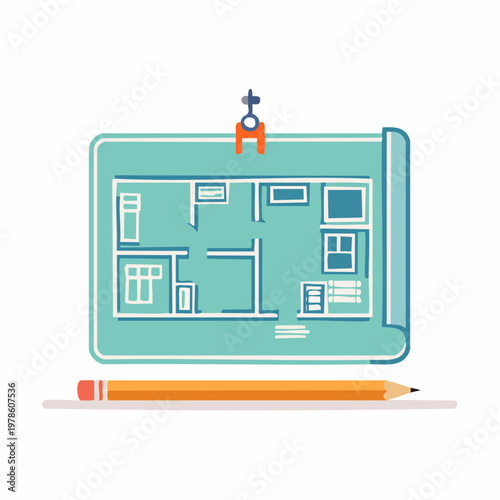 Architectural floor plan design illustration with a pencil and compass