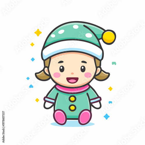 Cartoon character in a nightgown and cap, happy and smiling