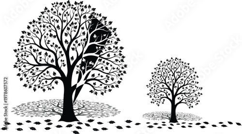 Black vector silhouette illustration of two detailed nature trees with falling leaves, ground shadows, and abstract geometric shape, isolated background.